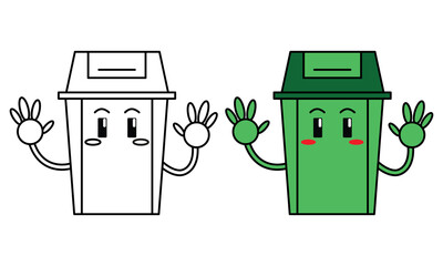 cute green trash can character vector illustration and line art style for kids, children's books or design elements
