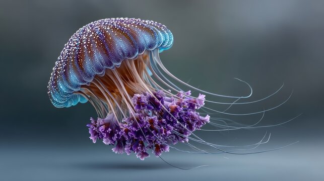 A Stunning Close-Up of a Blue and Purple Glowing Jellyfish in the Depths of the Ocean - Powered by Adobe