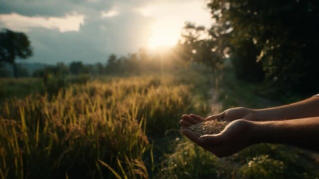 Golden Grain Blessing: Hands cradling a cascade of golden grain, symbolizing abundance against the backdrop of a sun-kissed field, portraying a sense of nurturing. 