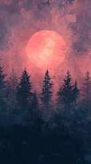 Fototapeta premium Rising Red Moon Over Forest Silhouette with Atmospheric Sky