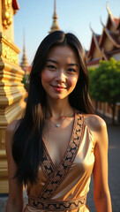 Beautiful woman smiling near a temple complex in traditional attire. She exudes serenity and grace