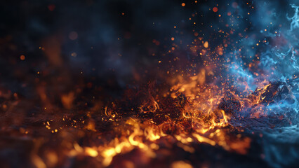 Close-up of blue and orange flames in dark background
