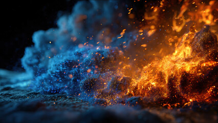 Close-up of blue and orange flames in dark background