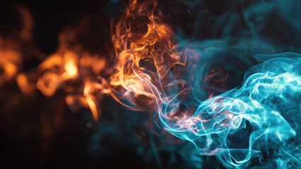 Close-up of blue and orange flames in dark background