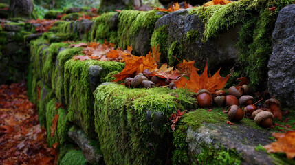 Obraz premium A section of old stone fortifications covered in thick green moss, surrounded by orange maple leaves and acorns