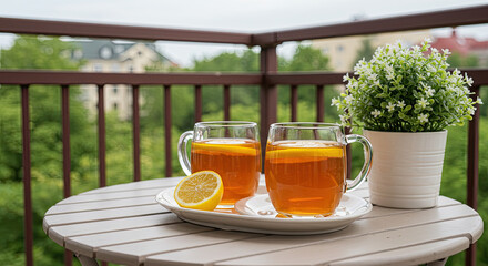 Two Glasses of Lemon Tea on a Balcony Table.