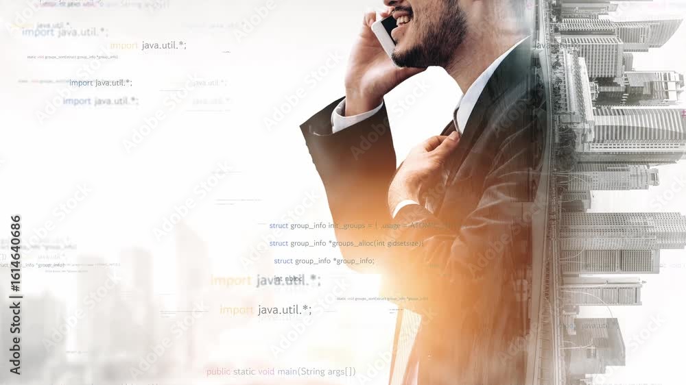Poster a business professional engages in a phone call while surrounded by abstract programming code and di