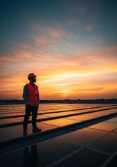 Fototapeta premium Solar Technician Inspecting Photovoltaic Panels on a Rooftop Array at Sunset for Green Energy