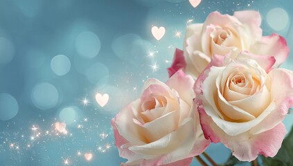 Delicate pastel roses with hearts and bokeh