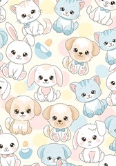 Obraz premium Cute Cartoon Animal Pattern: Adorable Kitten Puppy Rabbit Seamless Background Design