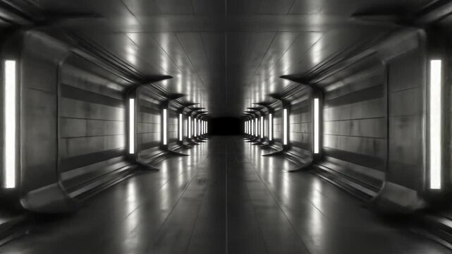 Futuristic metal corridor with glowing lights, sleek design, and reflective floor.