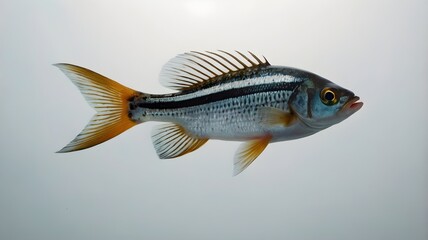 Fototapeta premium Freshly caught black drum fish with sleek gray scales and vibrant fins lies isolated on a clean gray background, 