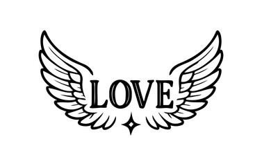 Romantic Winged Love Typography in Elegant Black Line Art Style Illustration