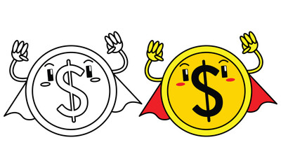 cute yellow dollar coin character vector illustration and line art style for kids, children's books or design elements about business or finance