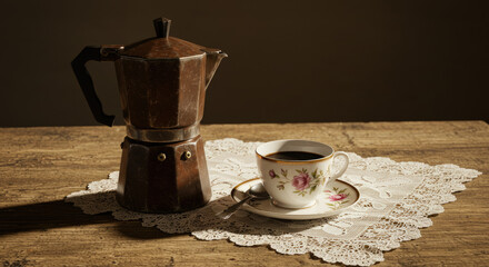 Vintage Espresso Maker and Coffee Cup on Wooden Table.
