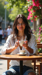 A woman enjoying a coffee break outdoors with a smile