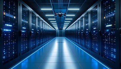 Drone surveys a long server room corridor with glowing blue lights