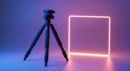 Professional tripod with neon square perfect for product photography and modern advertising campaigns