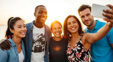 A diverse group of friends smiling broadly while taking a selfie together outdoors.