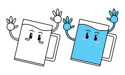 vector illustration of a glass character with blue water and cute line art style for kids, children's books or design elements