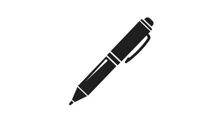 Black and white graphic illustration of a pen with a clip on a plain white background