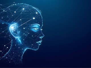 Digital human face visualized through network lines, representing AI and big data integration. Modern technology background highlights the flow of smart information.