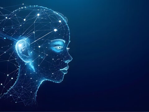 Digital human face visualized through network lines, representing AI and big data integration. Modern technology background highlights the flow of smart information.