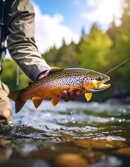 Obraz premium Fisherman holds freshly caught trout