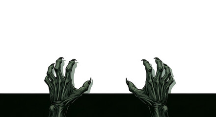 Illustration of two black monster hands with claws reaching up from a black and white background