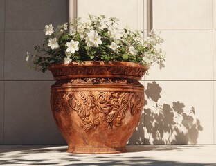 Ornate terracotta planter with white flowers (2)