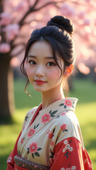 A beautiful woman in a kimono poses in front of the cherry blossoms