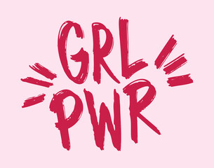 Girl power handwritten pink lettering. GRL PWR feminist slogan, phrase or quote. Girl emblem