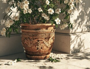 Ornate terracotta planter with white flowers (1)
