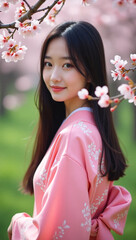 A beautiful woman in traditional attire standing under cherry blossoms, a moment of elegance and serenity. The woman has long dark hair and soft smile.