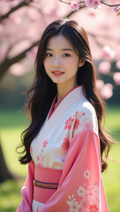 A young woman in a beautiful kimono stands gracefully amidst blooming cherry blossom trees