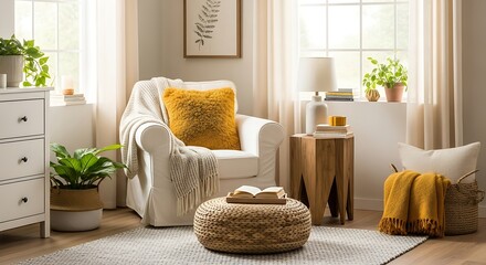 Living room interior with white armchair, ottoman, plants, and natural light from the windows
