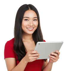 Fototapeta premium Smiling young asian woman holding a tablet computer and looking at the camera with a friendly expression isolated on transparent background