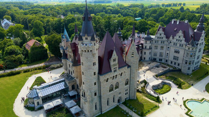 Moszna Castle fly over landscape view from above architecture near the village Moszna Poland