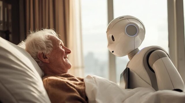 Friendly Interface: An elderly person engages with a humanoid robot in a gentle interaction, emphasizing technological empathy and assistance in healthcare.