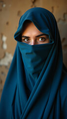 A portrait of a woman wearing a teal-colored hijab, with a focused gaze that captures the eye. The textures of the hijab contrast with the backdrop.