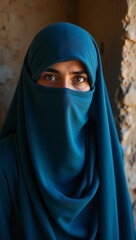 A woman veiled in a traditional headscarf looking directly at the viewer. The image captures her gaze and the details of her clothing.