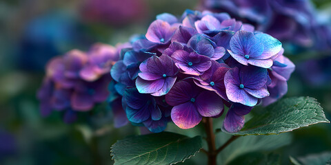 Beautiful blue and purple hydrangeas in full bloom with rich green leaves, positioned centrally and softly illuminated by natural light.