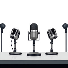 Three microphones on counter. Microphone with stand vector on white background. Set of microphones on counter.