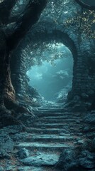 Walking Up Stone Steps Through Mystical Archway in Forest