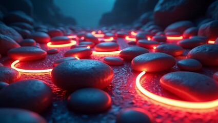 Glowing red circuits on dark pebbles abstract background