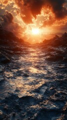 Walking Trail Toward Stunning Sunset in Rocky Landscape