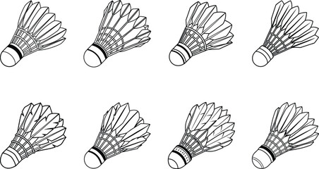 Eight badminton shuttlecocks arranged in a grid pattern isolated on white
