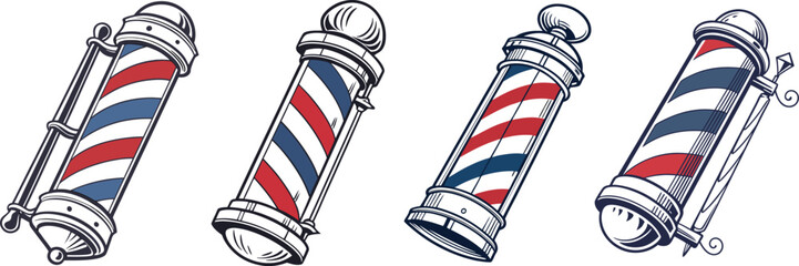 Collection of Vintage Barber Pole Illustrations with Red, White, and Blue Stripes