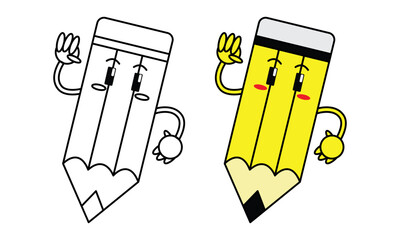 cute yellow pencil character vector illustration and line art style for kids, children's books or school design elements