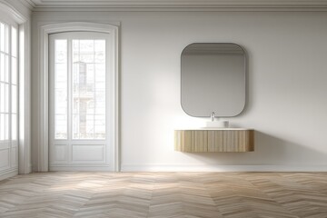 Minimalist bathroom with wood vanity, herringbone floors, and large window